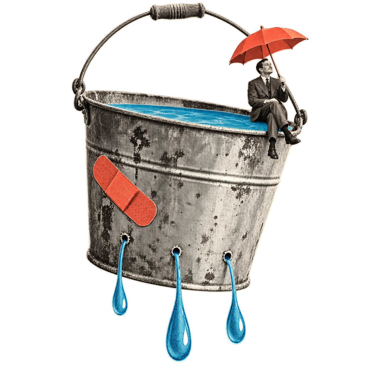 A tiny businessman with a red umbrella sits on a leaking bucket, with a coral plaster covering one hole.