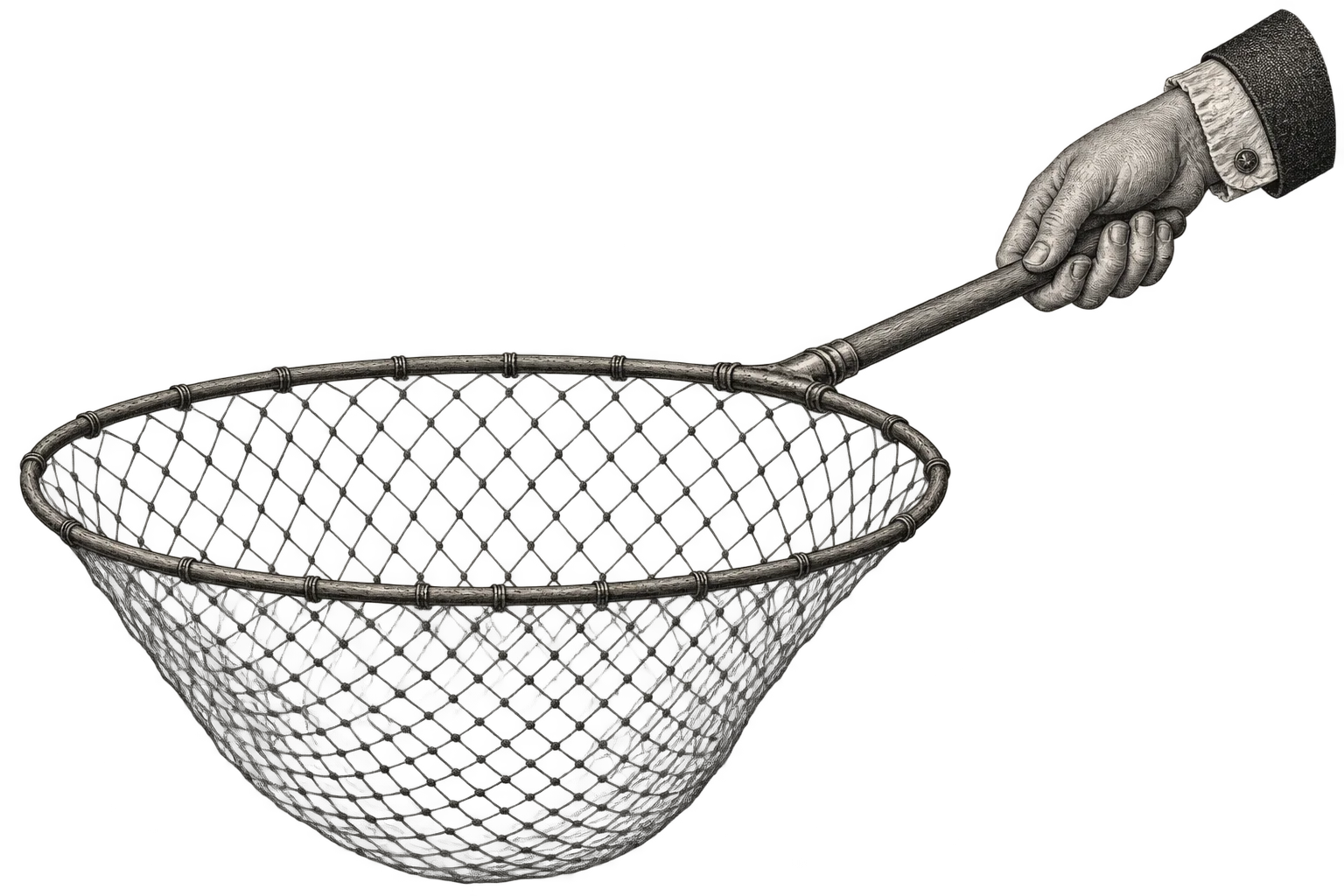 An enormous engraved hand holds a net, ready to catch a forgotten opportunity.