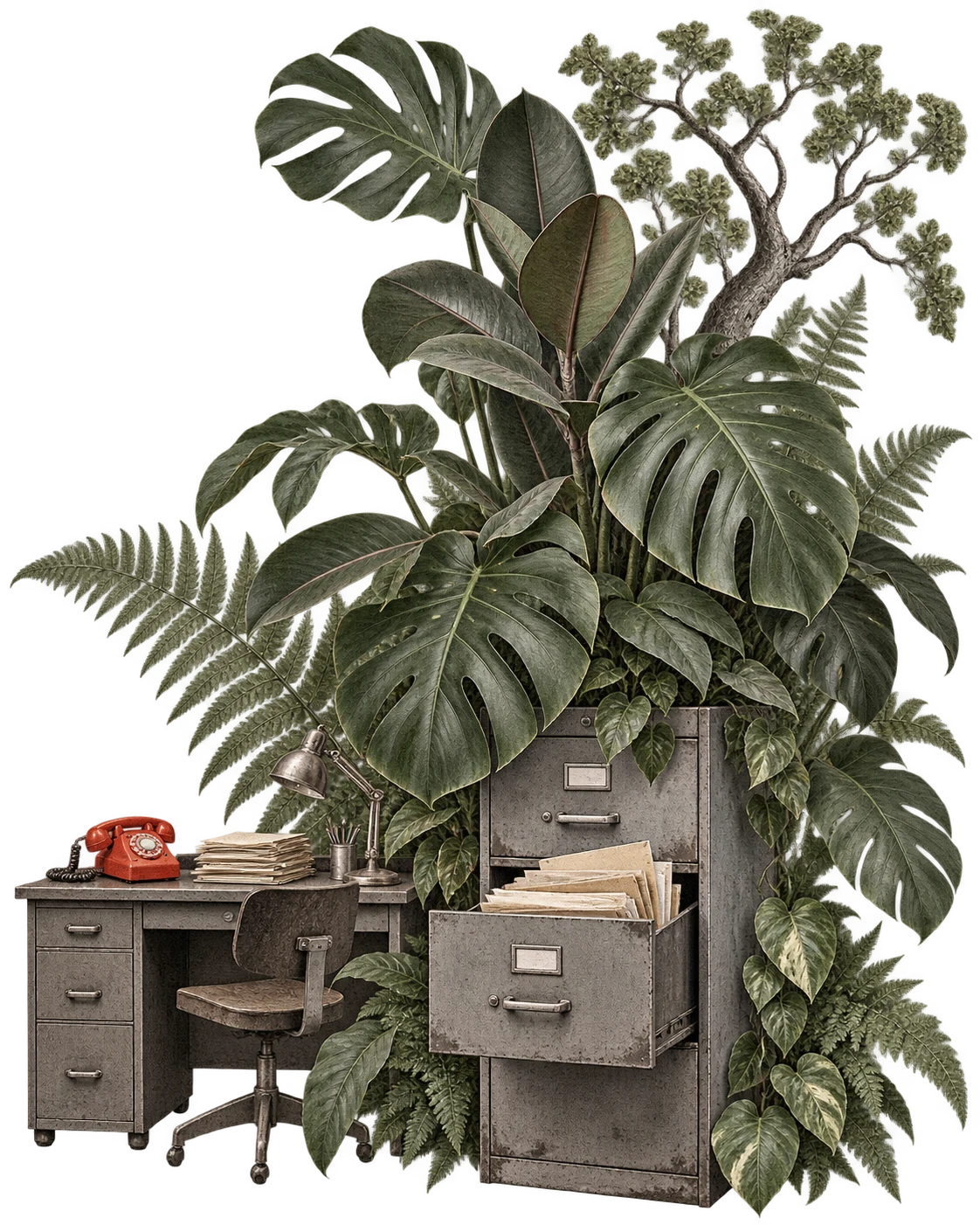 An enormous office plant grows out of a filing cabinet, tangled with woodland branches and a tiny vintage desk.