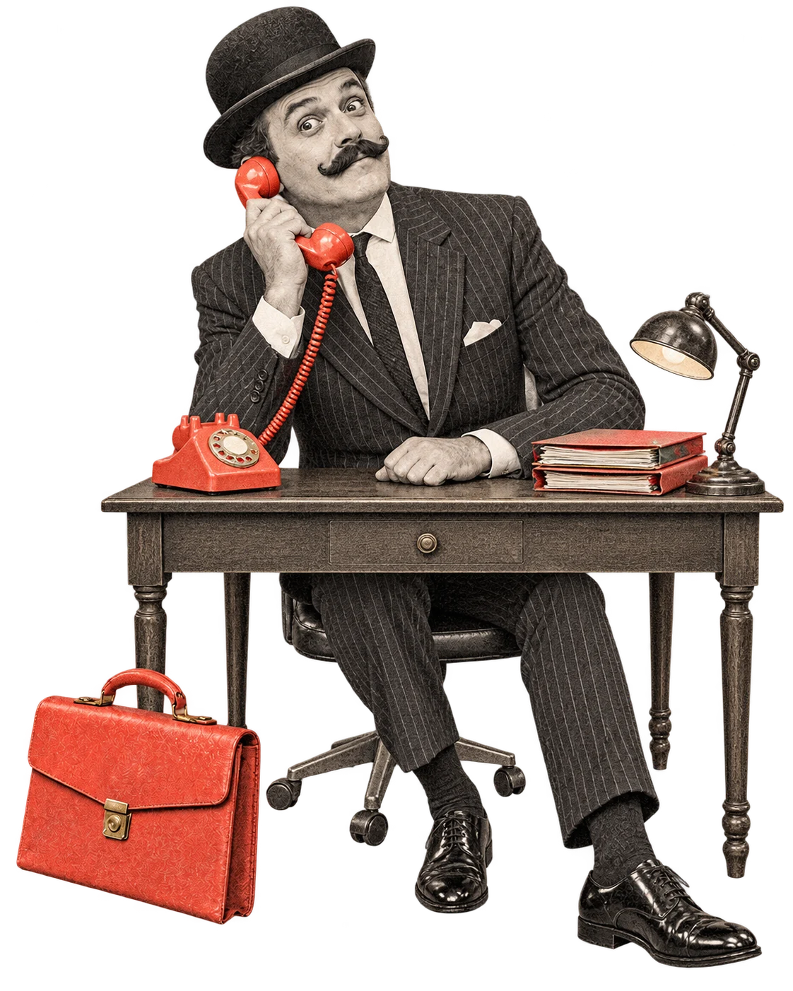 Our businessman is safely back at his desk, smiling and ready to talk on a coral telephone.
