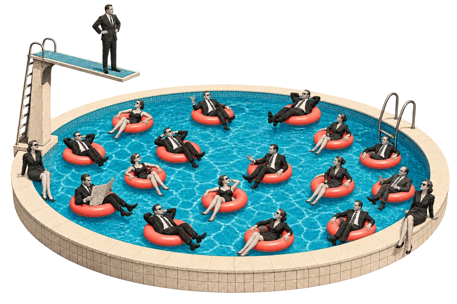 A surreal swimming pool full of customers in business suits, floating in coral lifebuoys and waiting on a diving board.