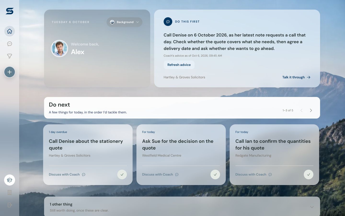 SalesSharp’s Today screen: a suggested next call, guidance for the conversation, and a prioritised list of follow-ups.